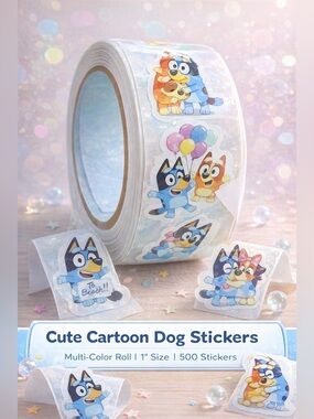 Cute Cartoon Dog Family Stickers Roll 500pcs 1” Kids Reward Kawaii